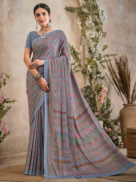 Women's Crepe Grey Printed Designer Saree With Blouse Piece
