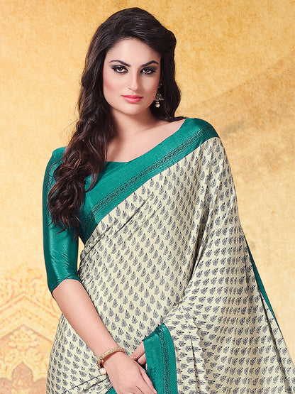 Women's Crepe Cream Printed Designer Saree With Blouse Piece