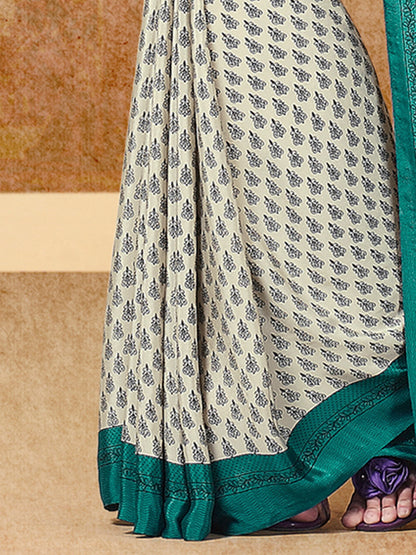Women's Crepe Cream Printed Designer Saree With Blouse Piece