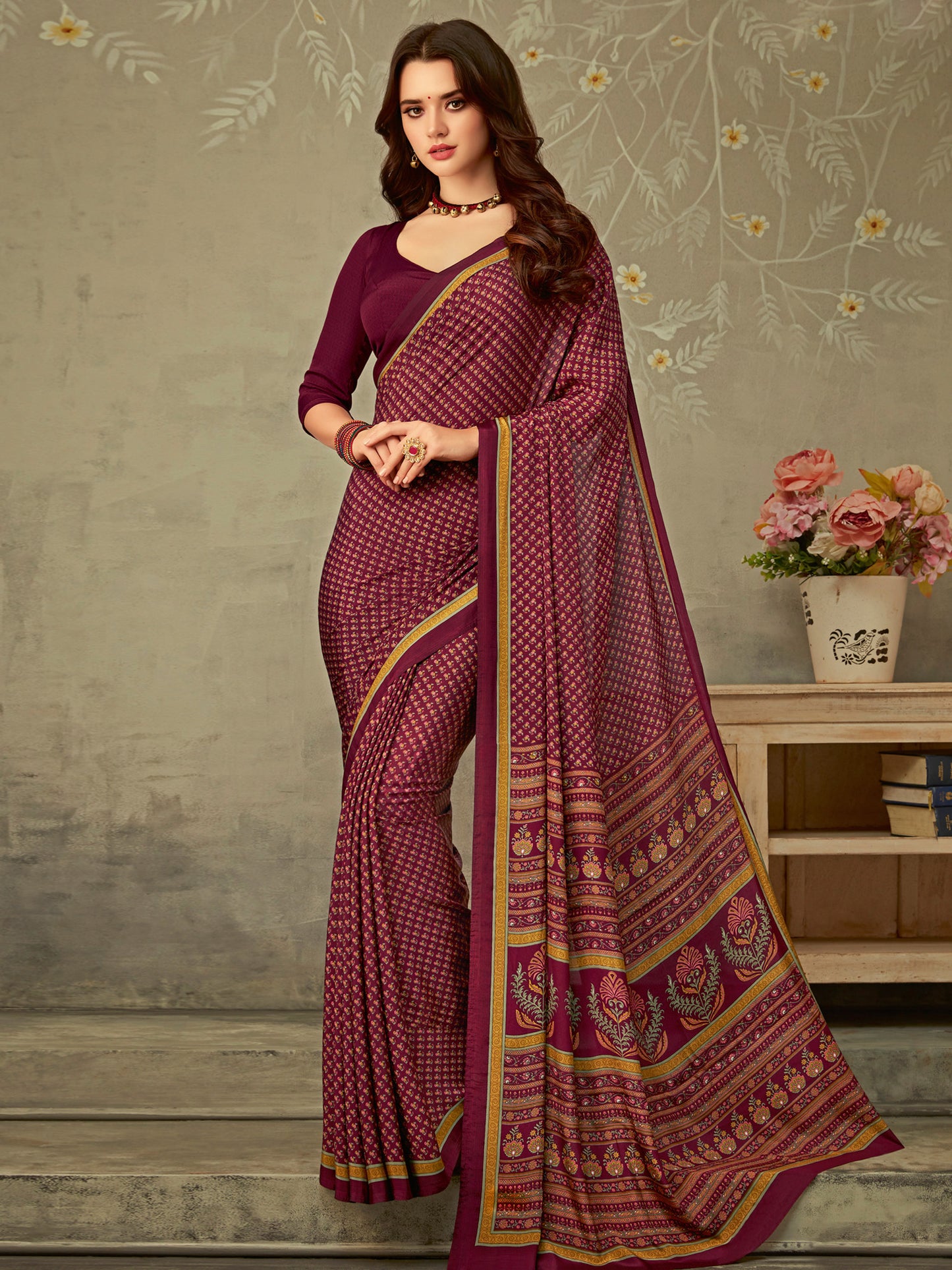 Women's Crepe Magenta Printed Designer Saree With Blouse Piece