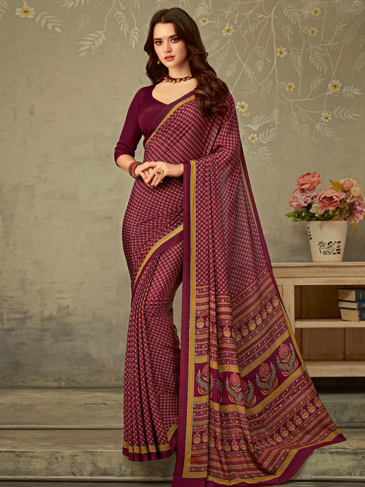 Women's Crepe Magenta Printed Designer Saree With Blouse Piece