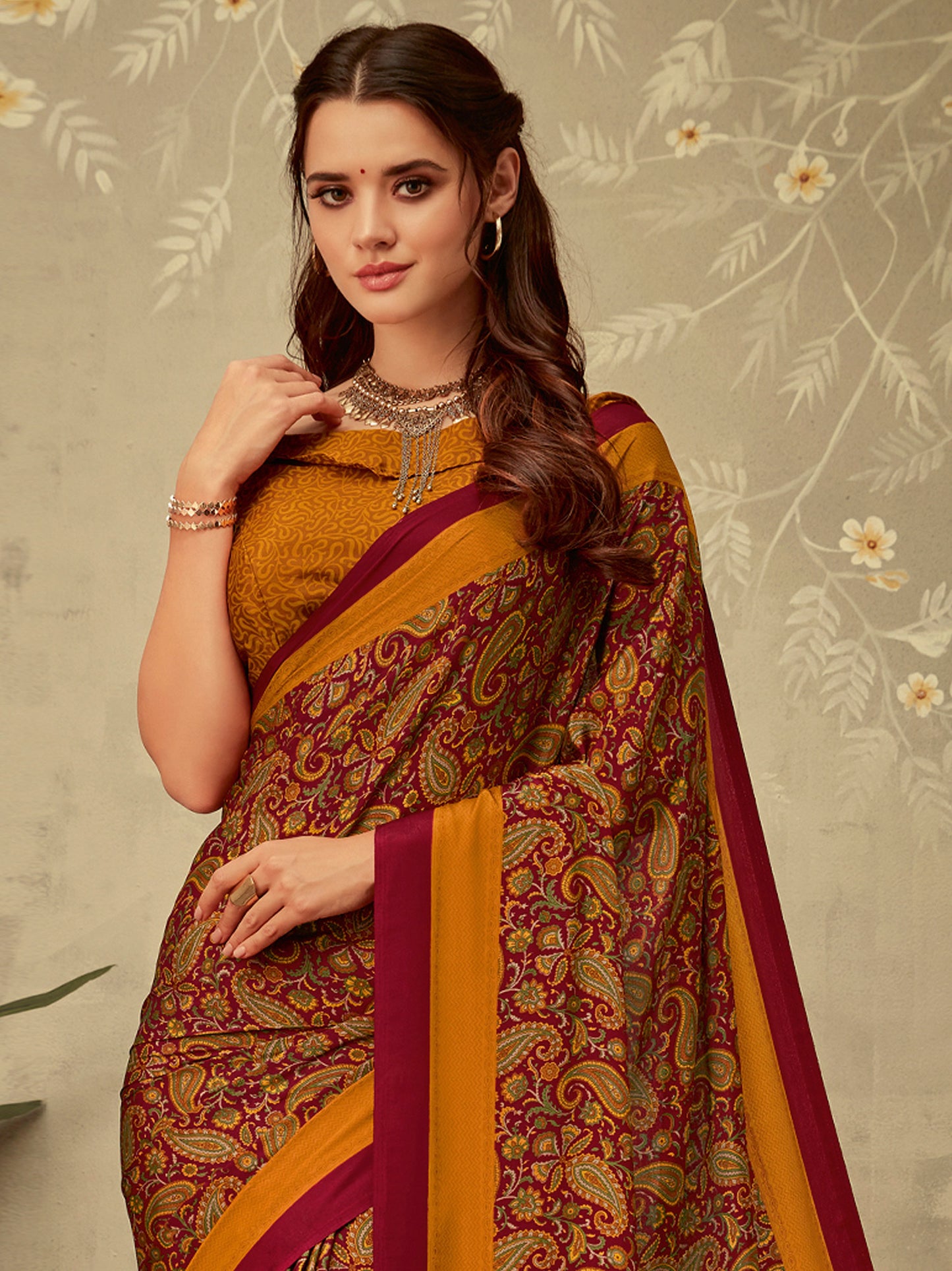 Women's Crepe Maroon Printed Designer Saree With Blouse Piece