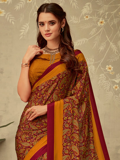 Women's Crepe Maroon Printed Designer Saree With Blouse Piece