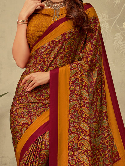 Women's Crepe Maroon Printed Designer Saree With Blouse Piece