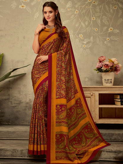 Women's Crepe Maroon Printed Designer Saree With Blouse Piece