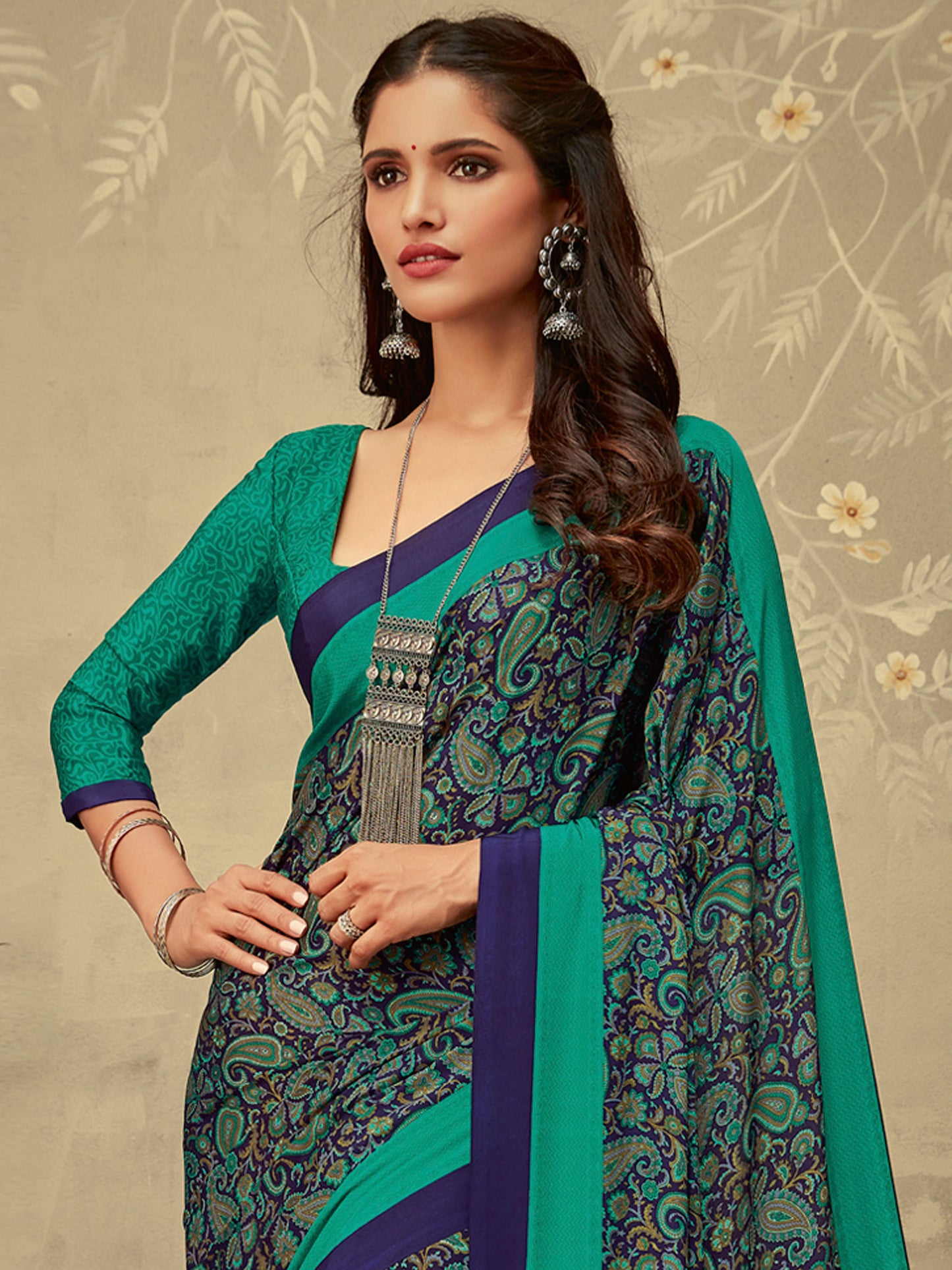 Women's Crepe Navy Blue Printed Designer Saree With Blouse Piece