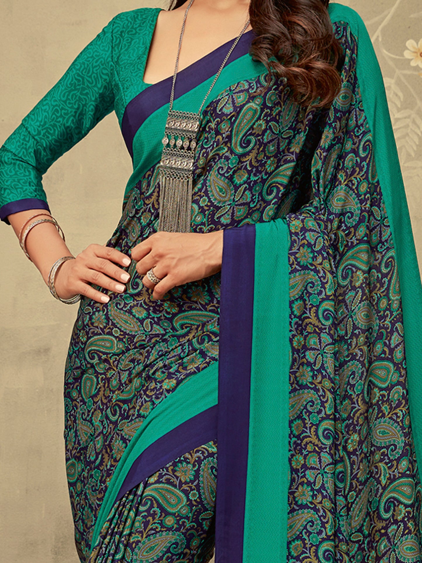 Women's Crepe Navy Blue Printed Designer Saree With Blouse Piece