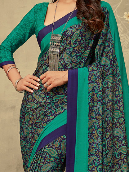 Women's Crepe Navy Blue Printed Designer Saree With Blouse Piece