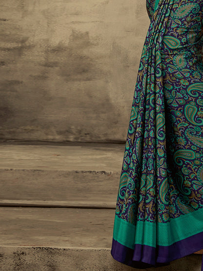 Women's Crepe Navy Blue Printed Designer Saree With Blouse Piece