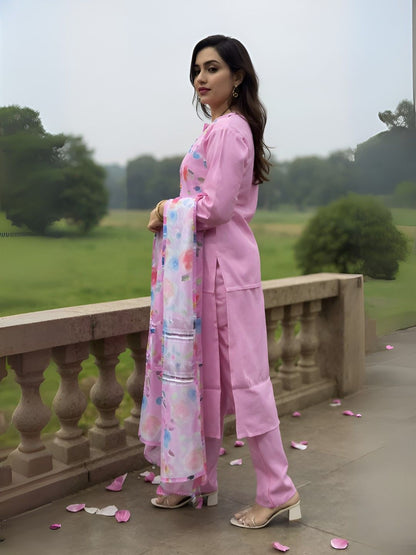 Dhiyona IE Women's Floral Printed Mandarin Collar Kurta With Trousers & Dupatta