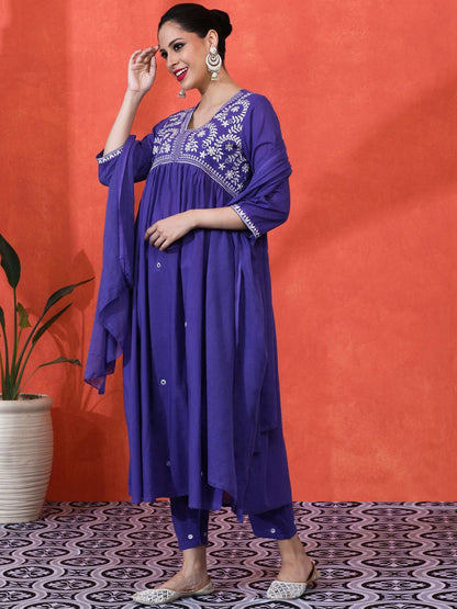 Dhiyona SN Women's Floral Embroidered Pure Cotton Anarkali Kurta And Trousers With Dupatta