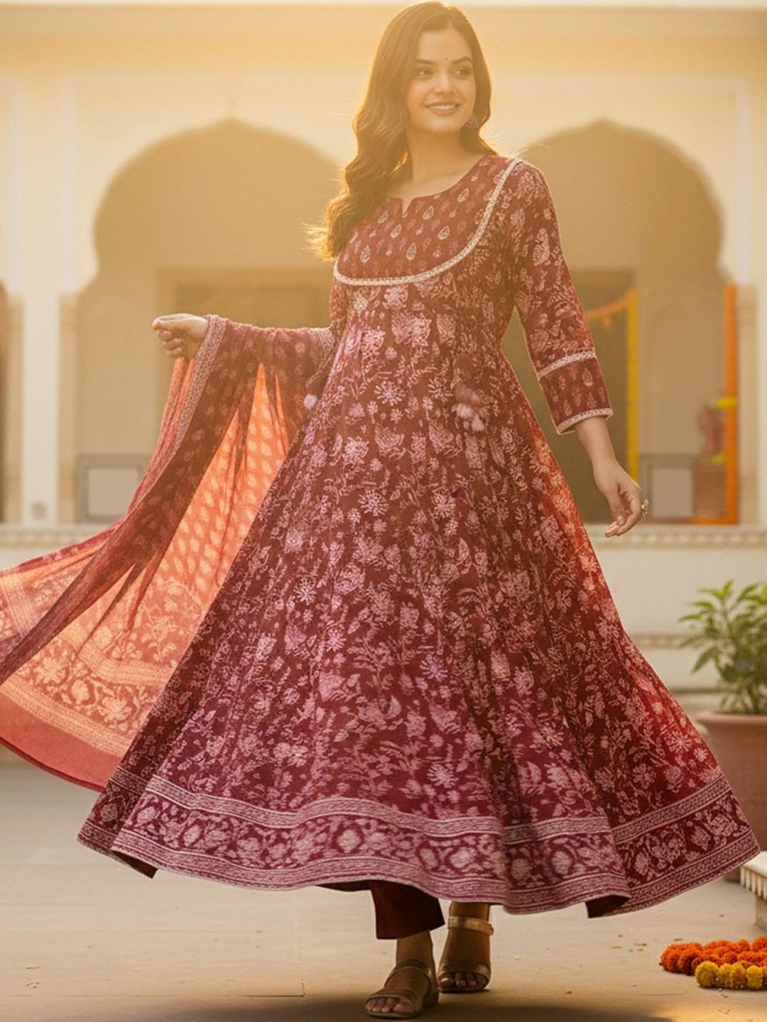 Floral Printed Panelled Pure Cotton Kurta With Trousers & Dupatta