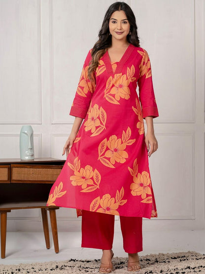 Women Floral Printed Regular Pure Cotton Kurta with Trousers