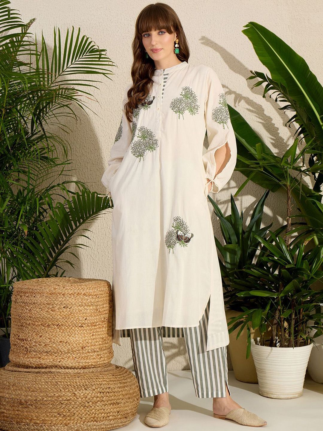 Dhiyona IE Women's Adults-Women Woven Design Embroidered Cotton Kurta with Trousers
