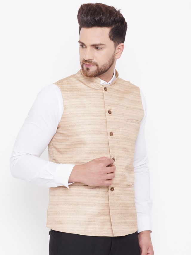 Men's Beige Silk Blend Straight Nehru Jacket