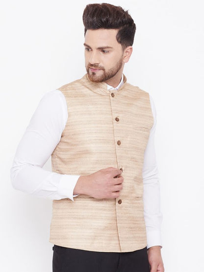 Men's Beige Silk Blend Straight Nehru Jacket