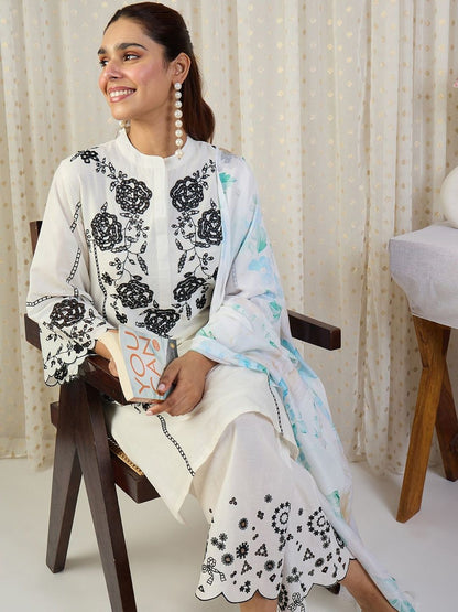 Floral Embroidered Thread Work Pure Cotton Kurta With Palazzos & Dupatta