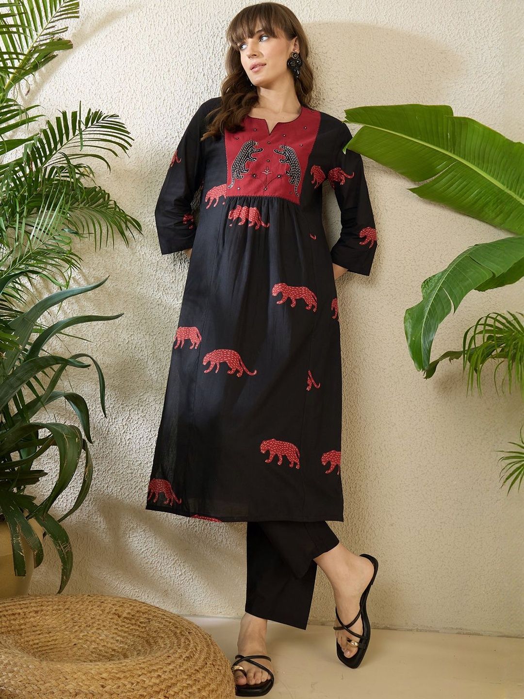 Women Animal Printed Tiered Thread Work Pure Cotton Kurta with Trousers