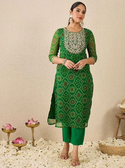 Dhiyona IE Women's Bandhani Printed Thread Work Straight Kurta With Trousers & Dupatta