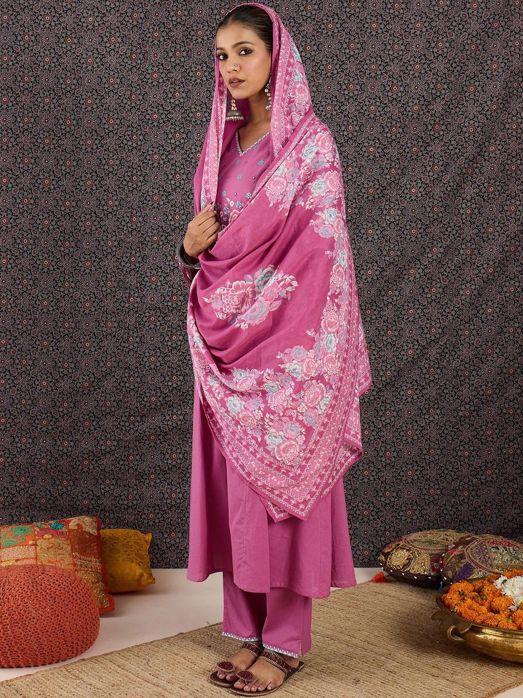 Women Floral Embroidered Panelled Thread Work Pure Cotton Kurta with Trousers & With Dupatta