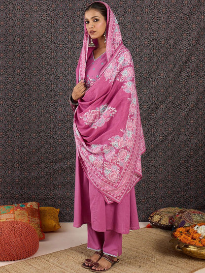 Women Floral Embroidered Panelled Thread Work Pure Cotton Kurta with Trousers & With Dupatta