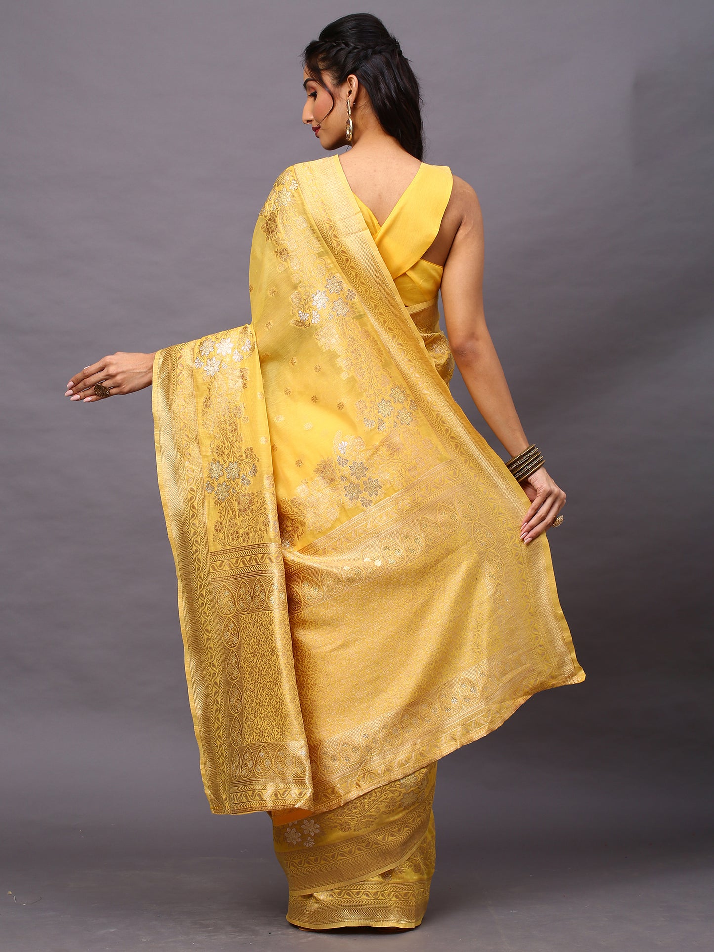 Women's Silk Cotton Yellow Woven Design Woven saree With Blouse Piece