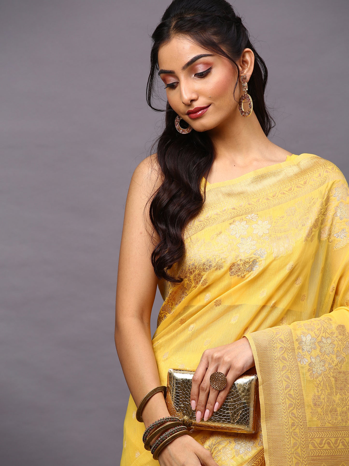 Women's Silk Cotton Yellow Woven Design Woven saree With Blouse Piece
