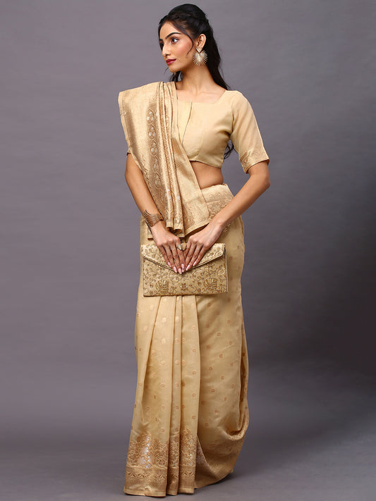 Women's Silk Cotton Cream Woven Design Woven saree With Blouse Piece