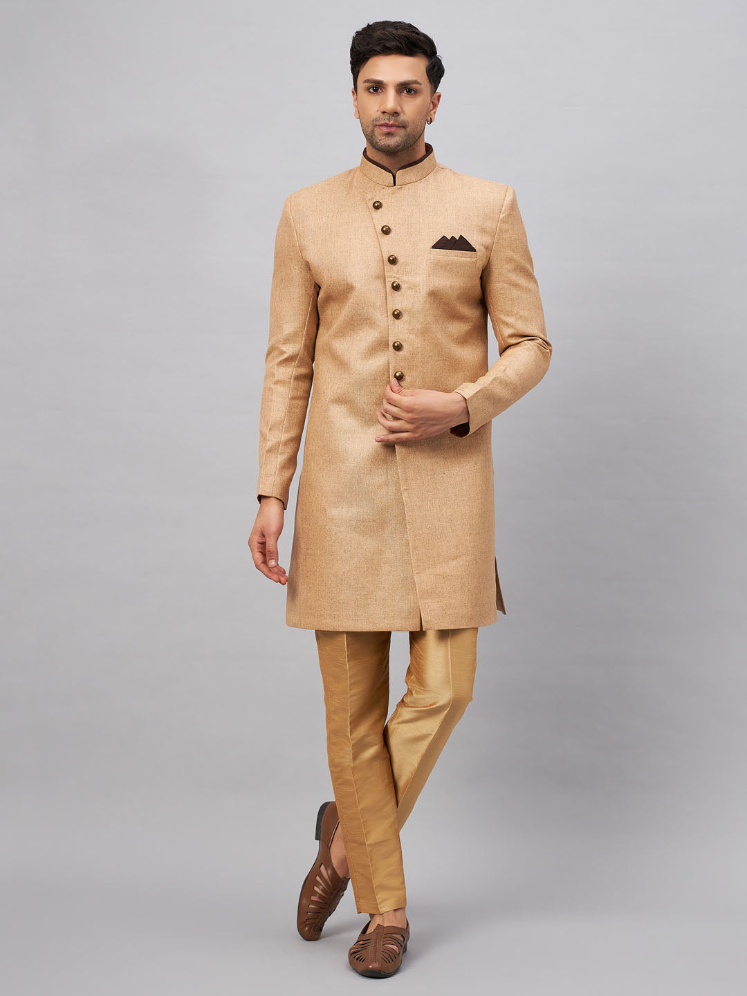 Men's Beige Silk Blend Straight Sherwani Set