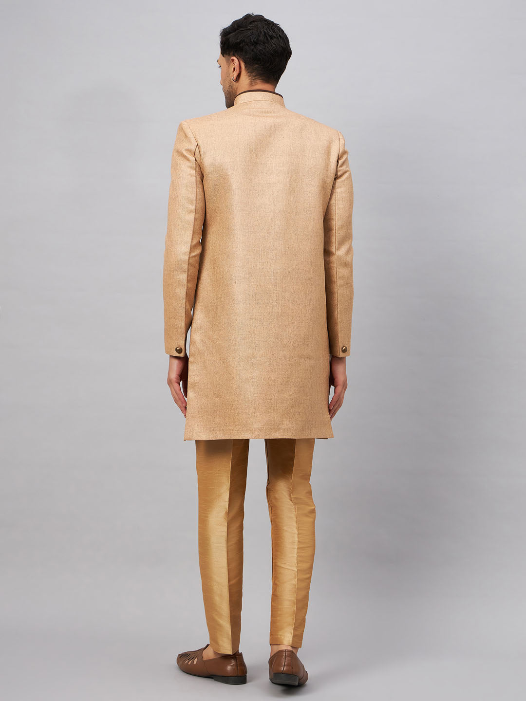 Men's Beige Silk Blend Straight Sherwani Set