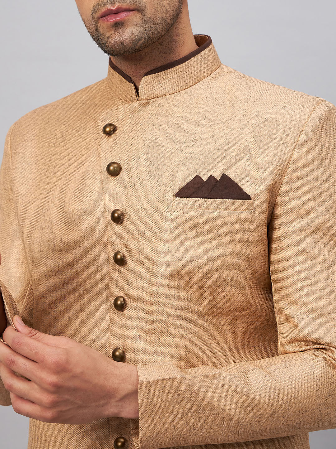 Men's Beige Silk Blend Straight Sherwani Set