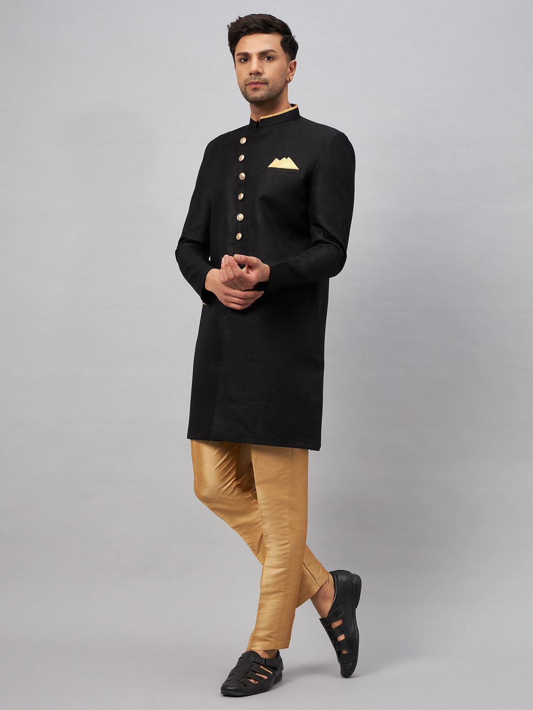 Men's Black Silk Blend Straight Sherwani Set