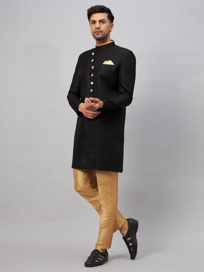 Men's Black Silk Blend Straight Sherwani Set