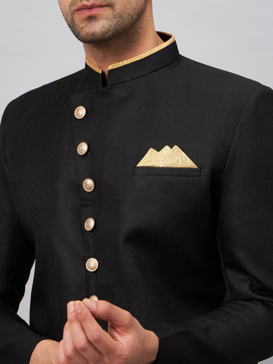 Men's Black Silk Blend Straight Sherwani Set