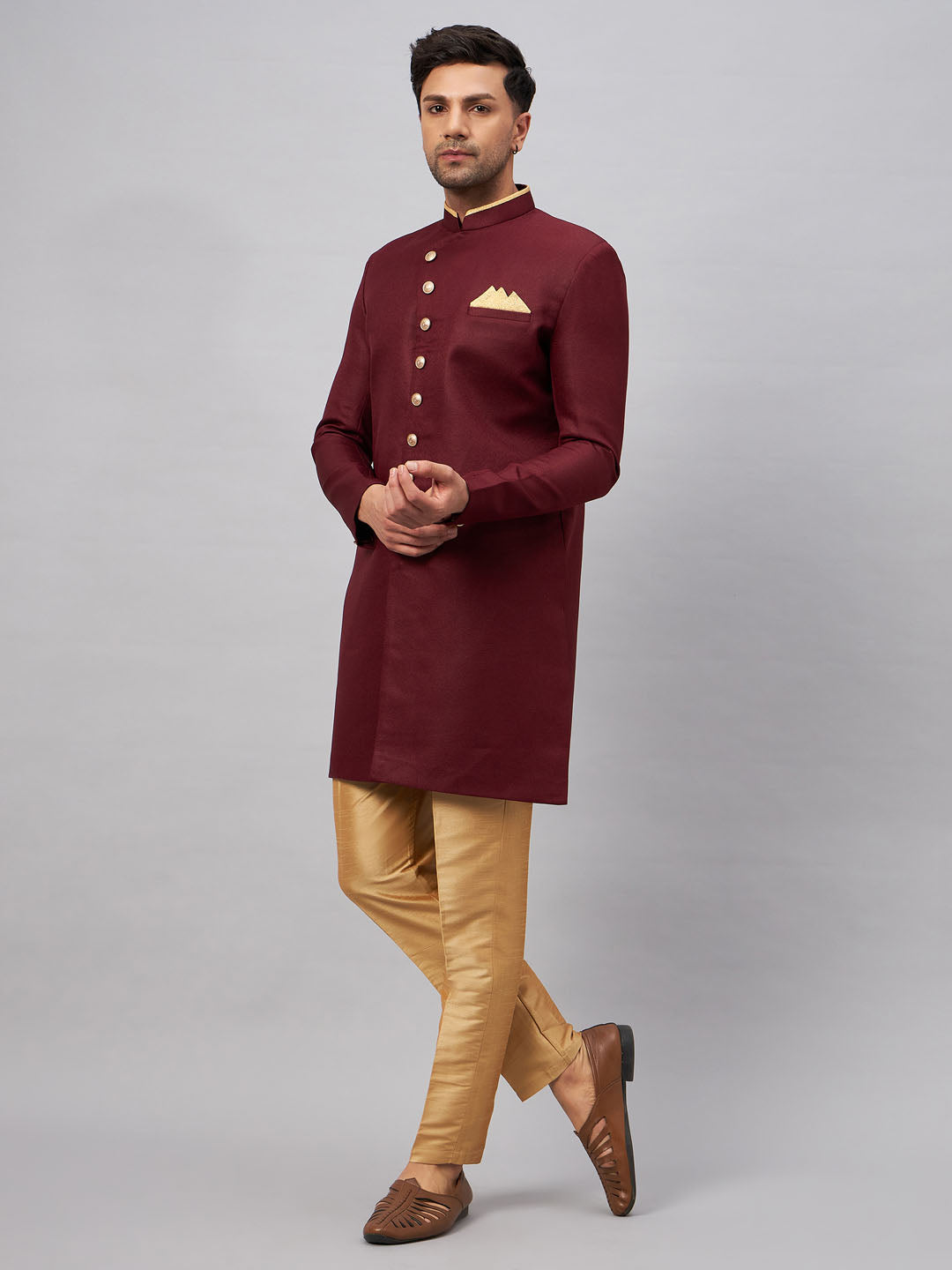 Men's Maroon Silk Blend Straight Sherwani Set