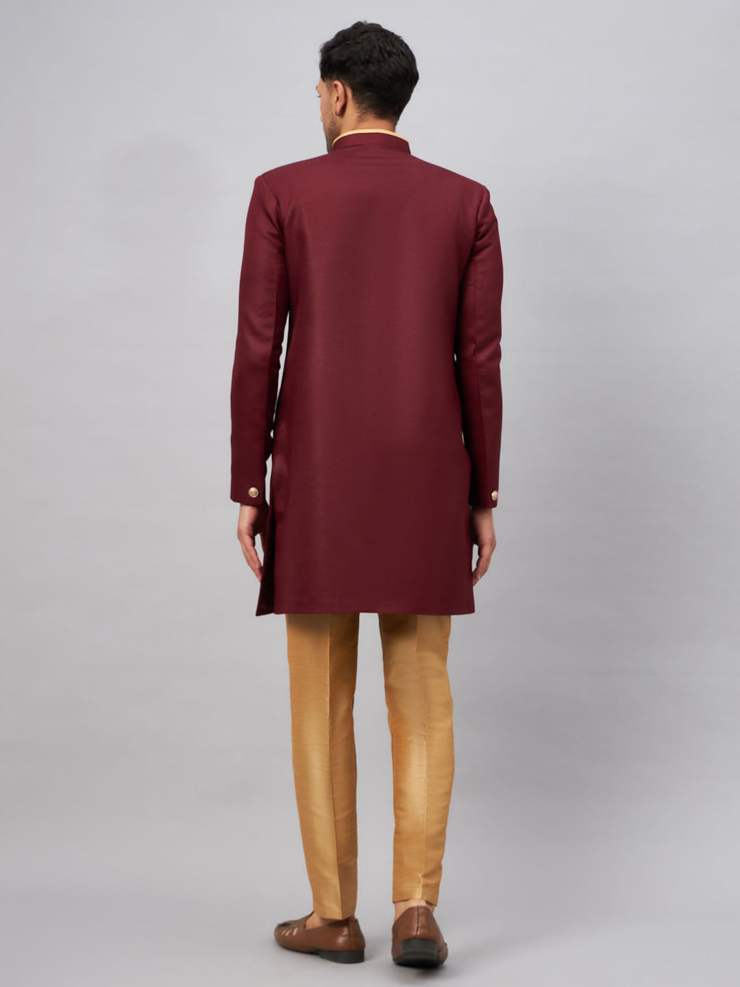 Men's Maroon Silk Blend Straight Sherwani Set