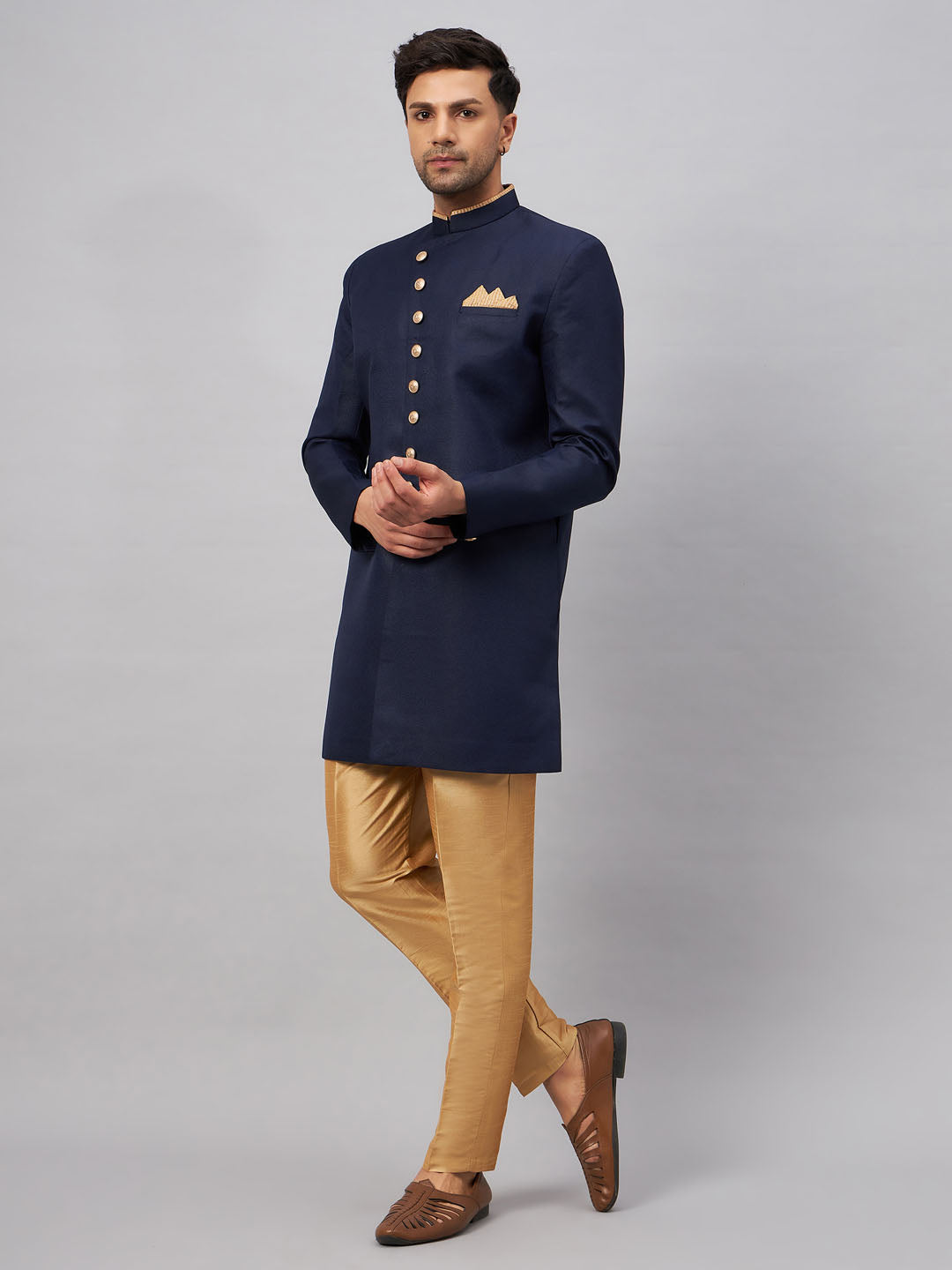 Men's Navy blue Silk Blend Straight Sherwani Set