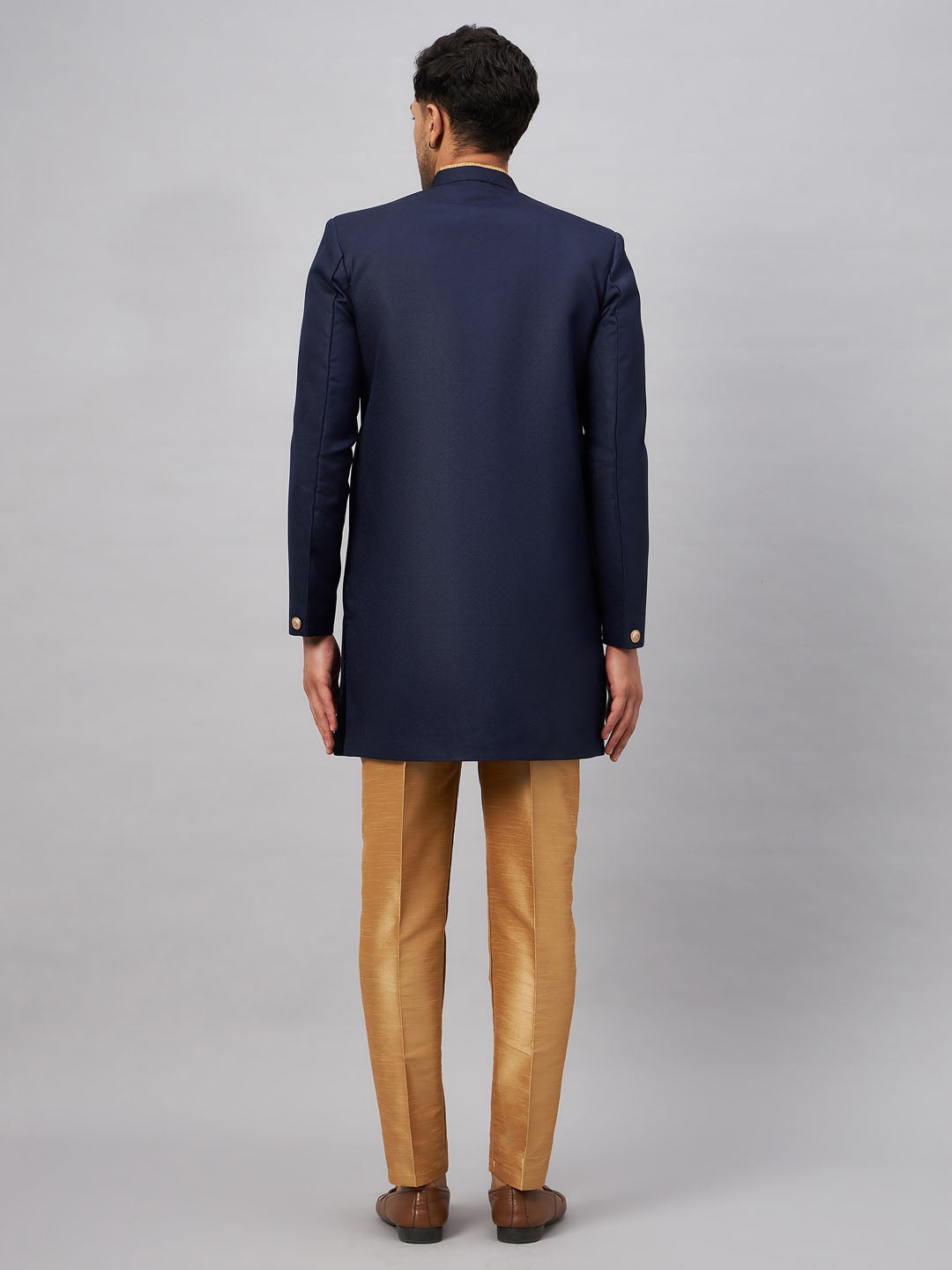 Men's Navy blue Silk Blend Straight Sherwani Set