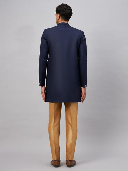 Men's Navy blue Silk Blend Straight Sherwani Set