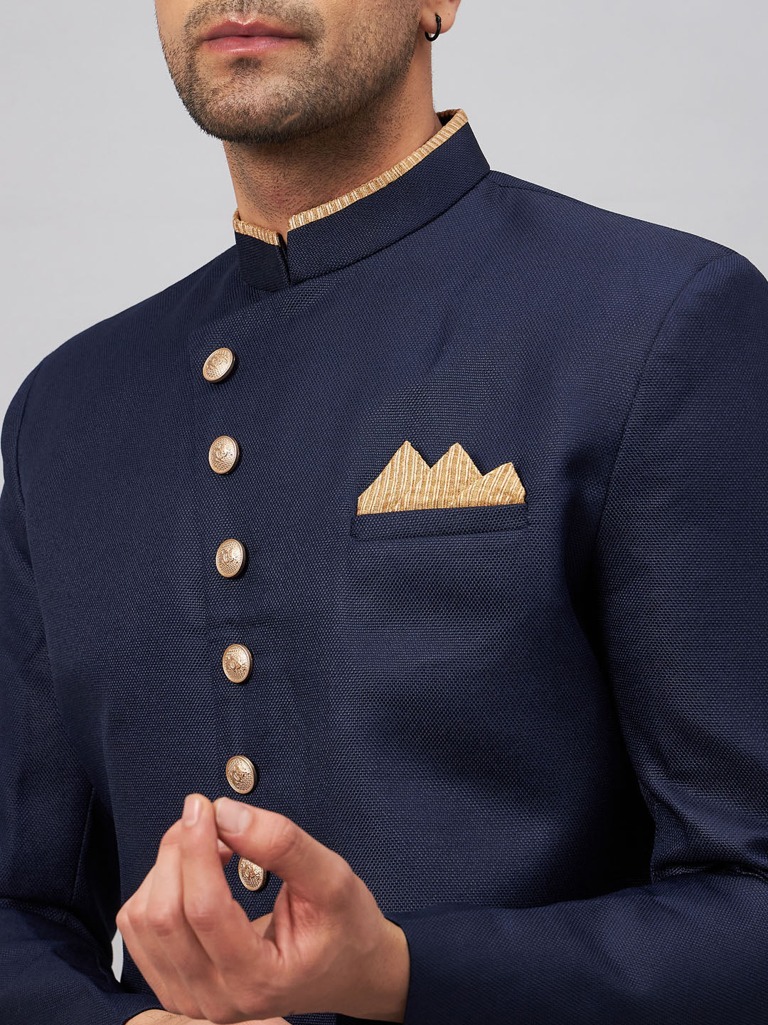 Men's Navy blue Silk Blend Straight Sherwani Set