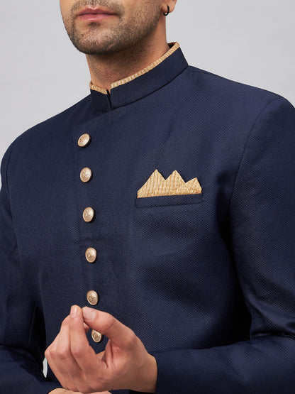 Men's Navy blue Silk Blend Straight Sherwani Set