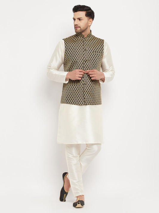 Men's Cream Silk Blend Straight Jacket  Kurta and Pyjama Set