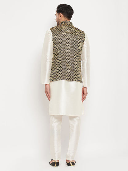 Men's Cream Silk Blend Straight Jacket  Kurta and Pyjama Set