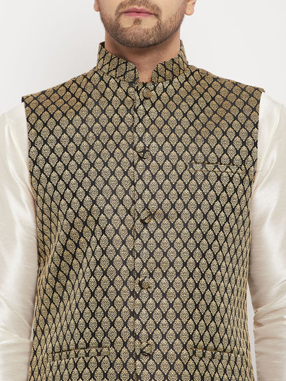 Men's Cream Silk Blend Straight Jacket  Kurta and Pyjama Set