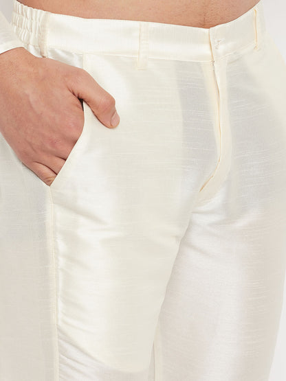 Men's Cream Silk Blend Straight Jacket  Kurta and Pyjama Set