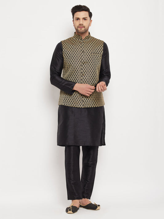 Men's Black Silk Blend Straight Jacket  Kurta and Pyjama Set