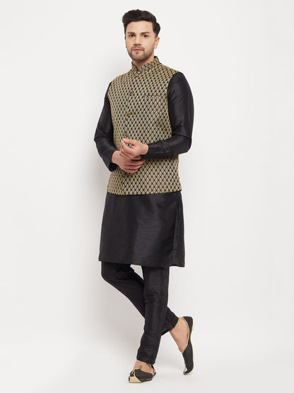 Men's Black Silk Blend Straight Jacket  Kurta and Pyjama Set