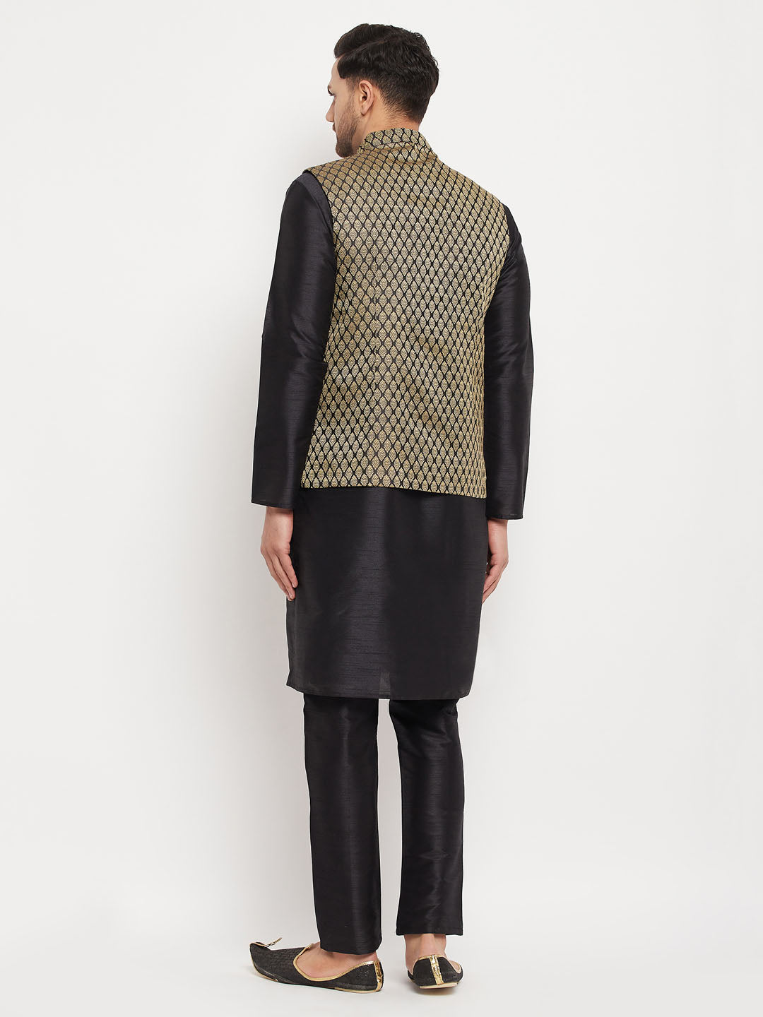 Men's Black Silk Blend Straight Jacket  Kurta and Pyjama Set