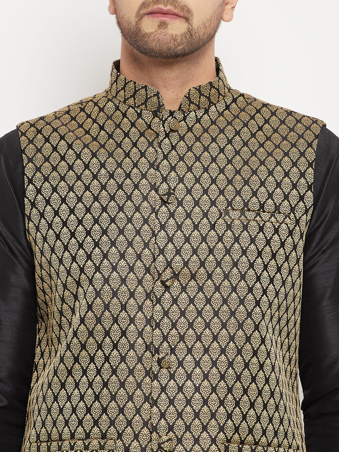 Men's Black Silk Blend Straight Jacket  Kurta and Pyjama Set