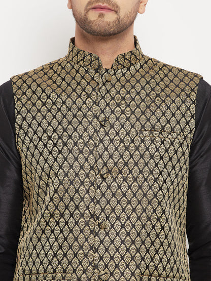 Men's Black Silk Blend Straight Jacket  Kurta and Pyjama Set